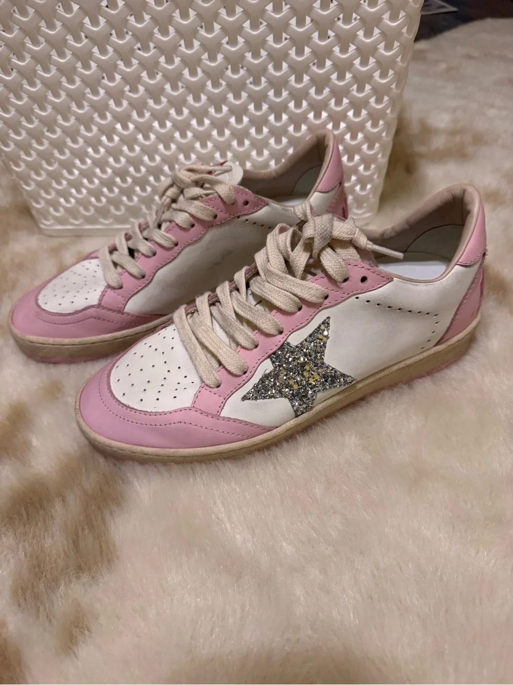 Golden Goose Women's Pink & White Star Accent Sneakers